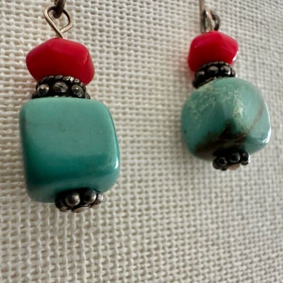 Sterling Silver Turquoise & Coral Dangle Earrings - Picture 5 of 8